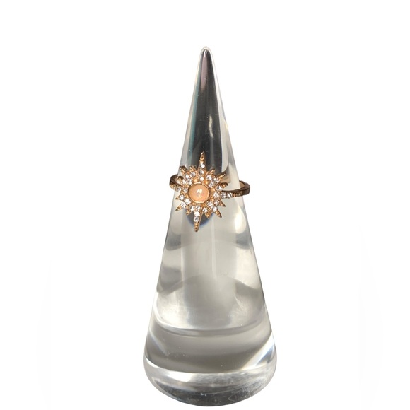 Sun Star Burst Faux Peach Opal & Clear Crystal Woman’s Fashion Ring Jewelry - Picture 8 of 9